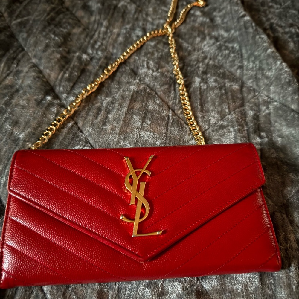 Yves Saint Laurent Scarlet Clutch with Gold Accent